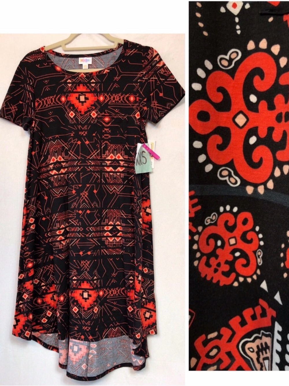 LuLaRoe Carly Black Red Geometric Swing Dress XXS NWT